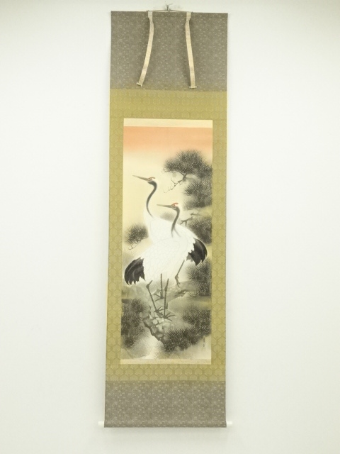 JAPANESE HANGING SCROLL / HAND PAINTED / CRANE WITH PINE 